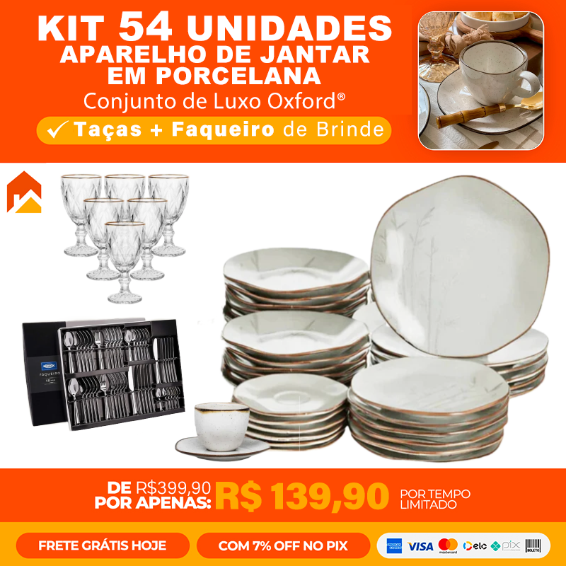 Kit 54 Aparelhos de Jantar em Porcelana de Luxo Oxford® + 6 Taças e Faqueiro