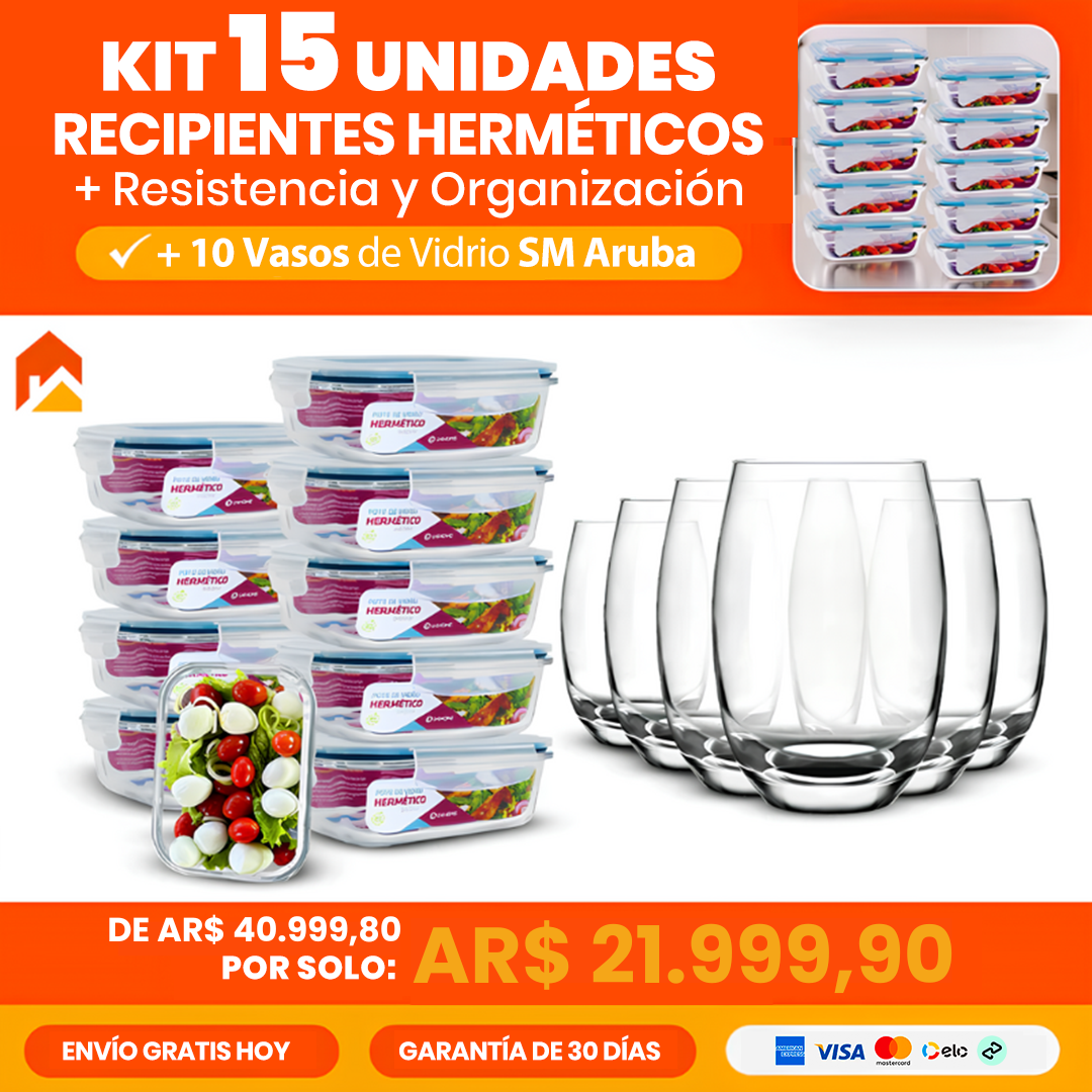 Kit con 15 Recipientes Herméticos de Vidrio + 10 Vasos de Vidrio Aruba de Regalo