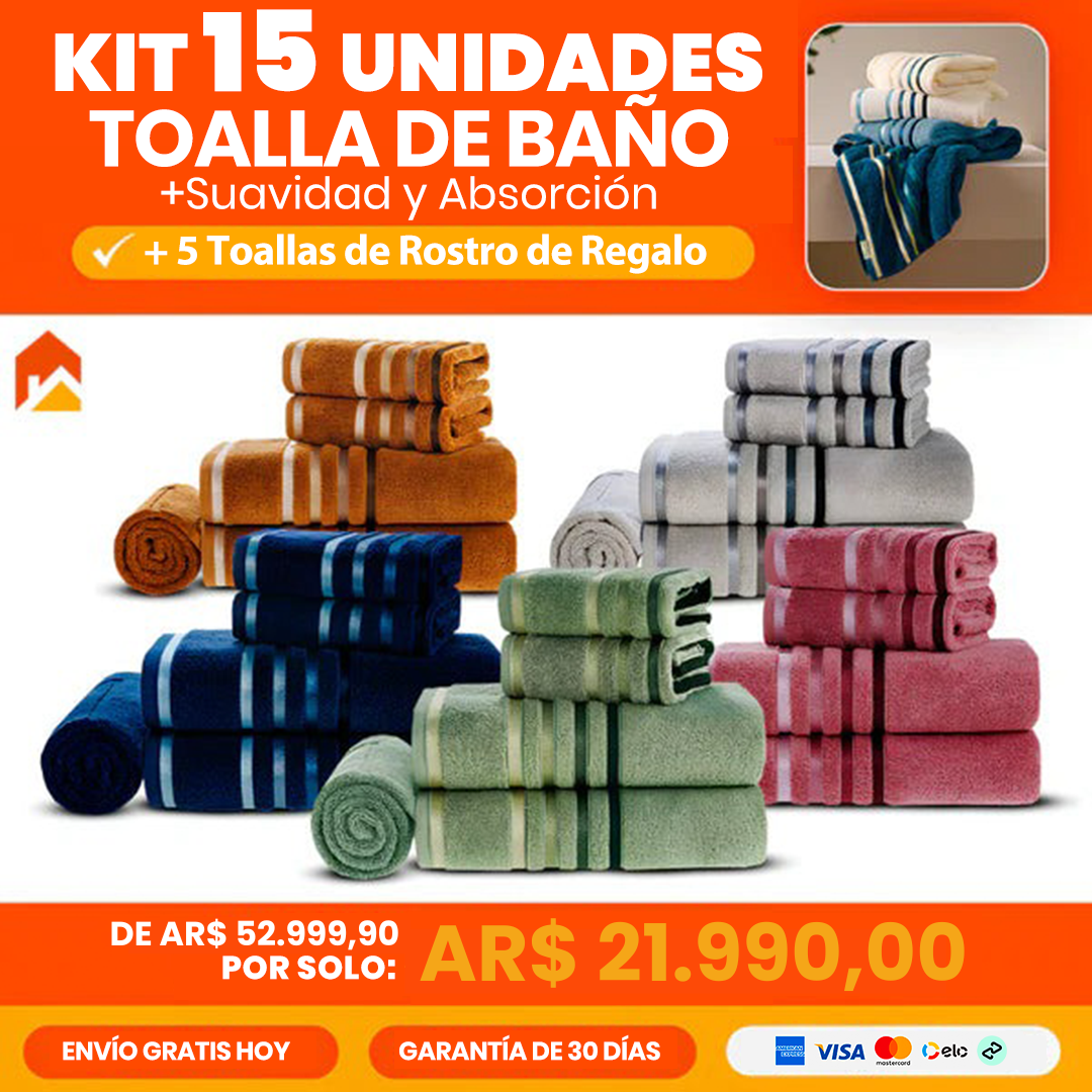 Kit con 15 Toallas de Baño Extra Grandes de Alta Suavidad y Absorción + 5 Toallas Faciales de Regalo