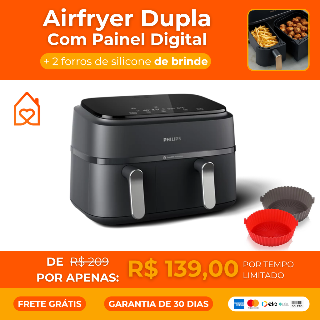 Airfryer Dupla com Painel Digital + 2 Forros de Silicone de Brinde