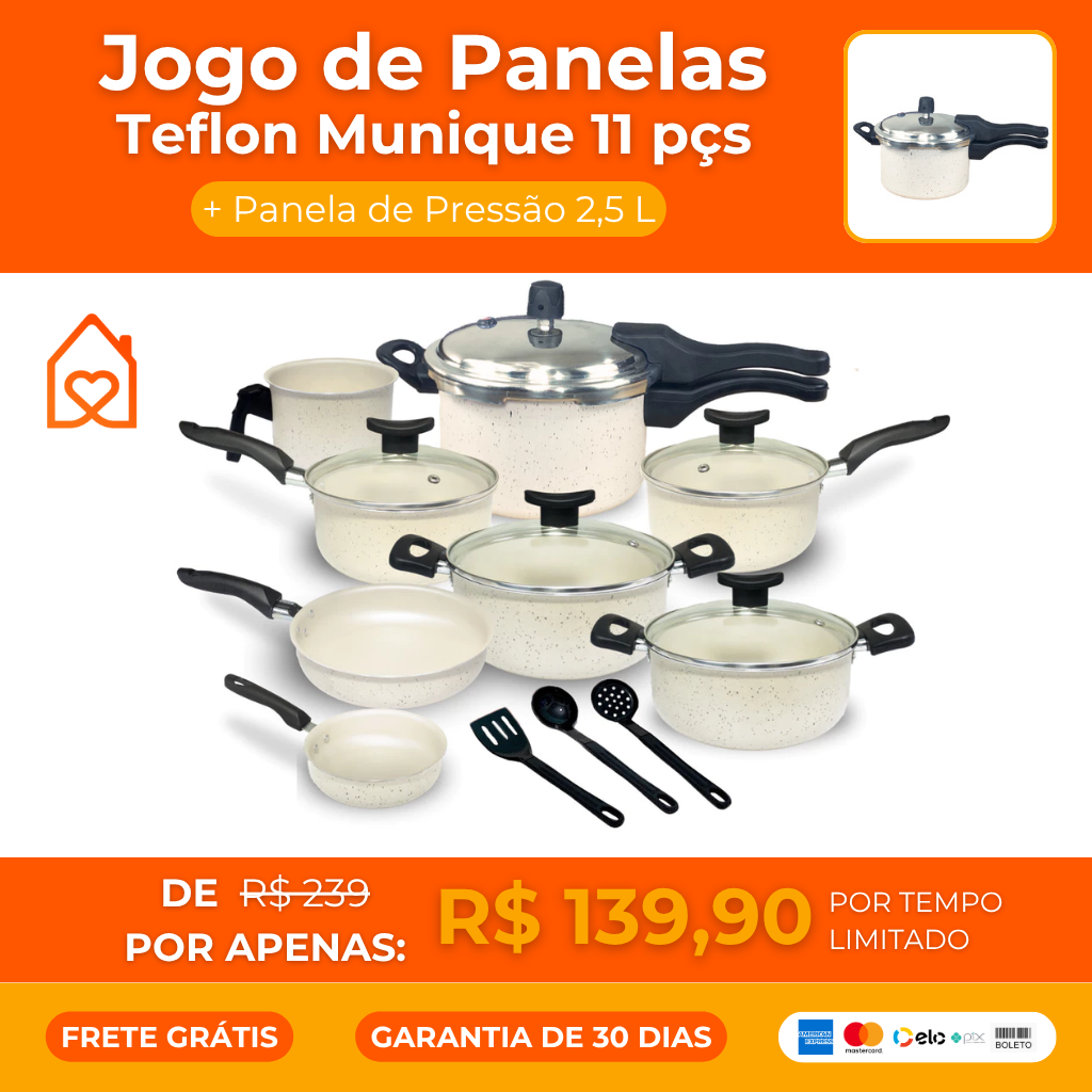 Jogo de Panelas Teflon Munique 11 pçc + Panela de Pressão 2,5 L