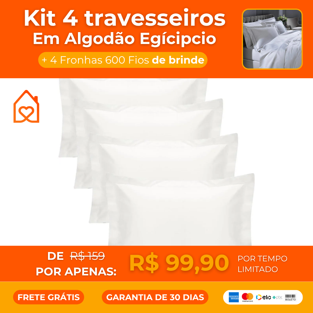 Kit 4 Travesseiros em Algodão Egípcio + 4 Fronhas 600 Fios de Brinde