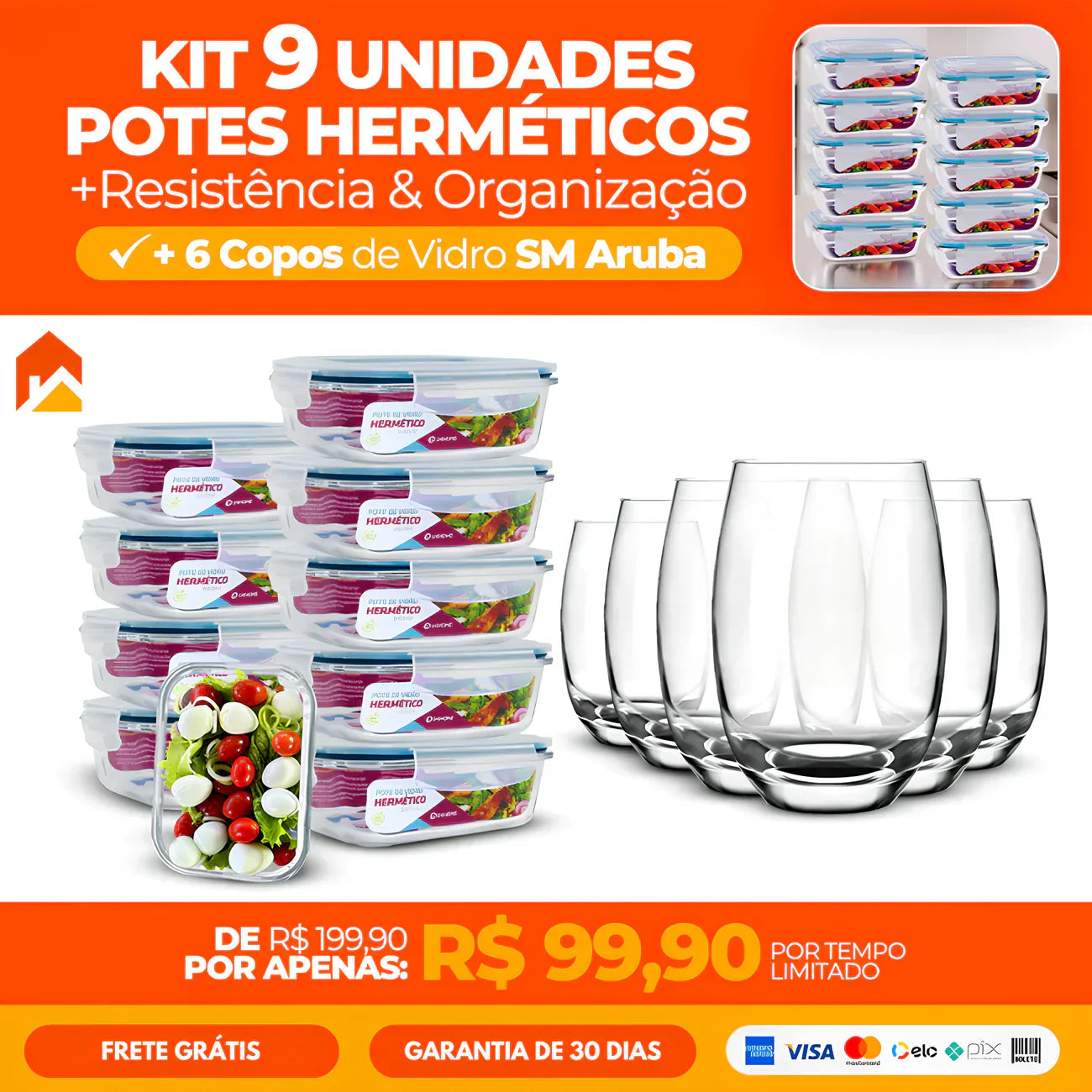 Kit com 9 Potes Herméticos de Vidro + 6 Copos de Aruba de Brinde