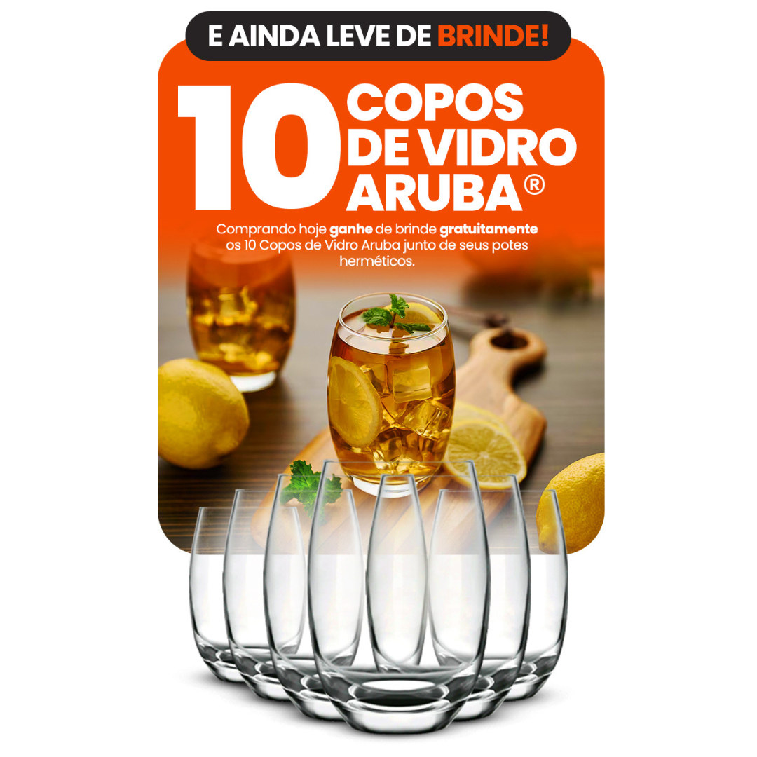 Kit con 15 Recipientes Herméticos de Vidrio + 10 Vasos de Vidrio Aruba de Regalo